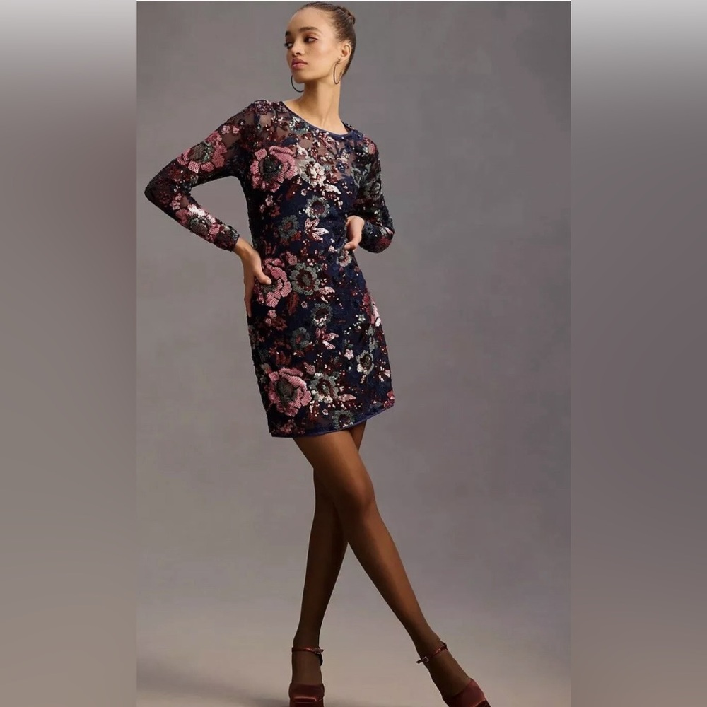 Anthropologie Floral Embroidered Dress - Pink and Blue